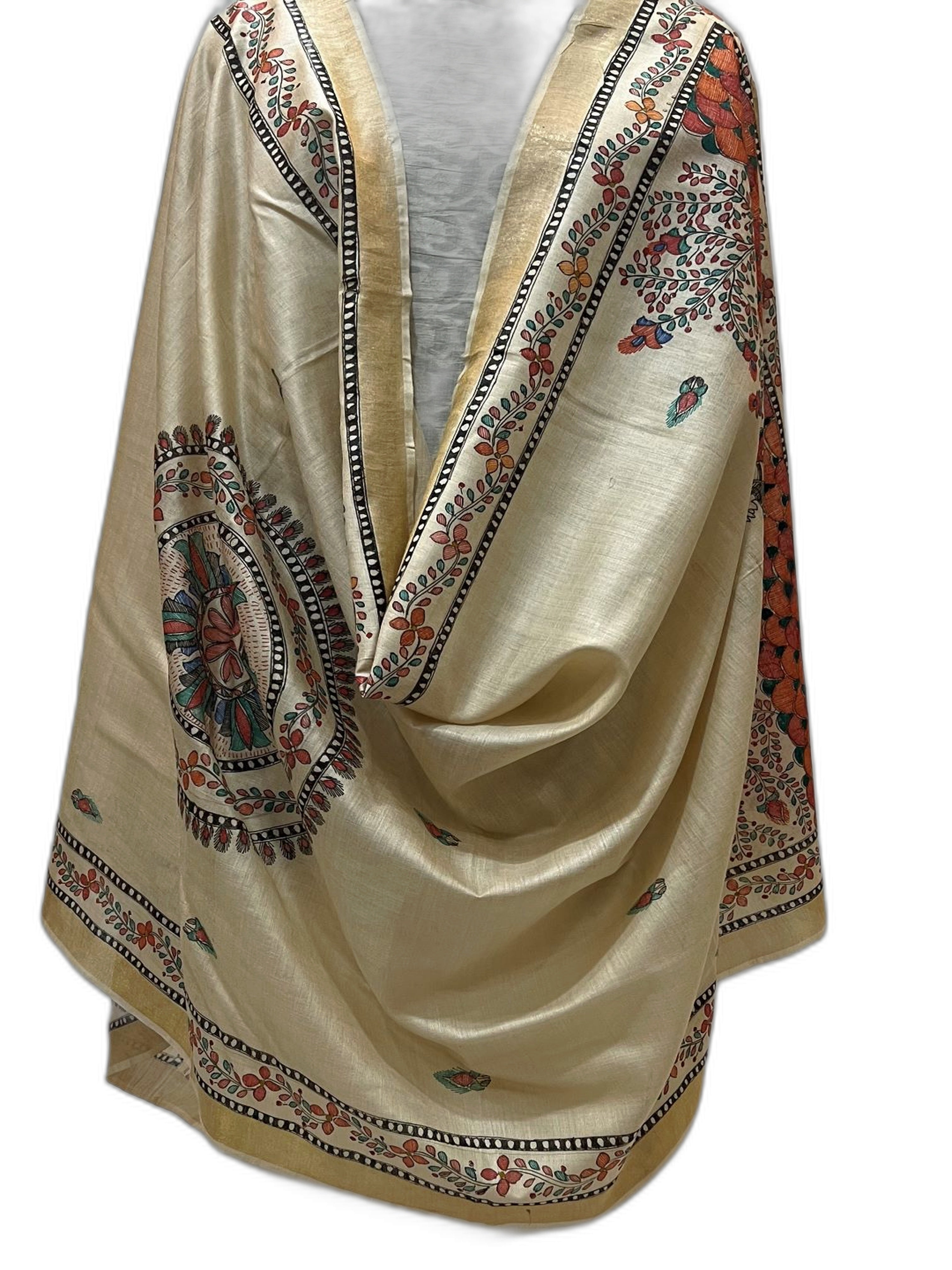 Hand-Painted Tussar Munga Silk Dupatta with Zari Border